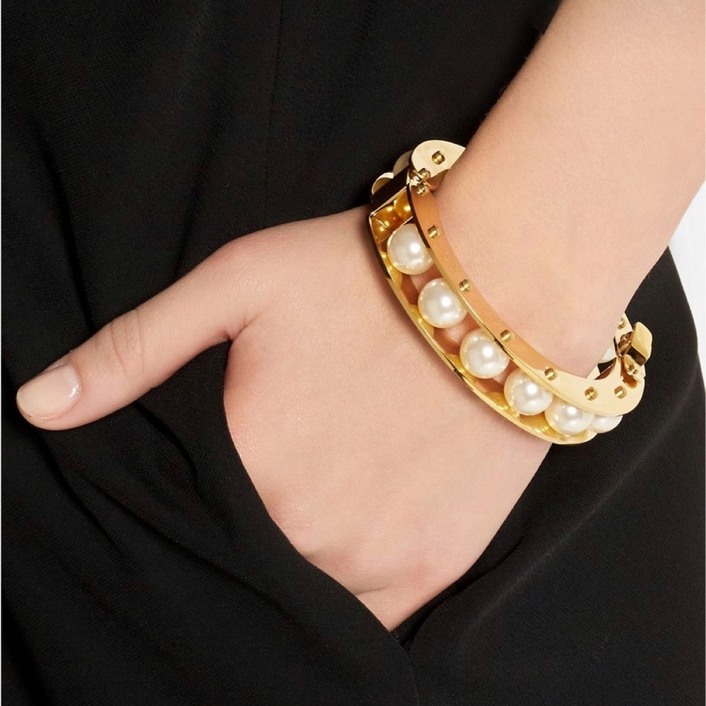 NEW! Lele Sadoughi Hinged 24kt Gold Plate + White Pearl Slider Bangle Bracelet